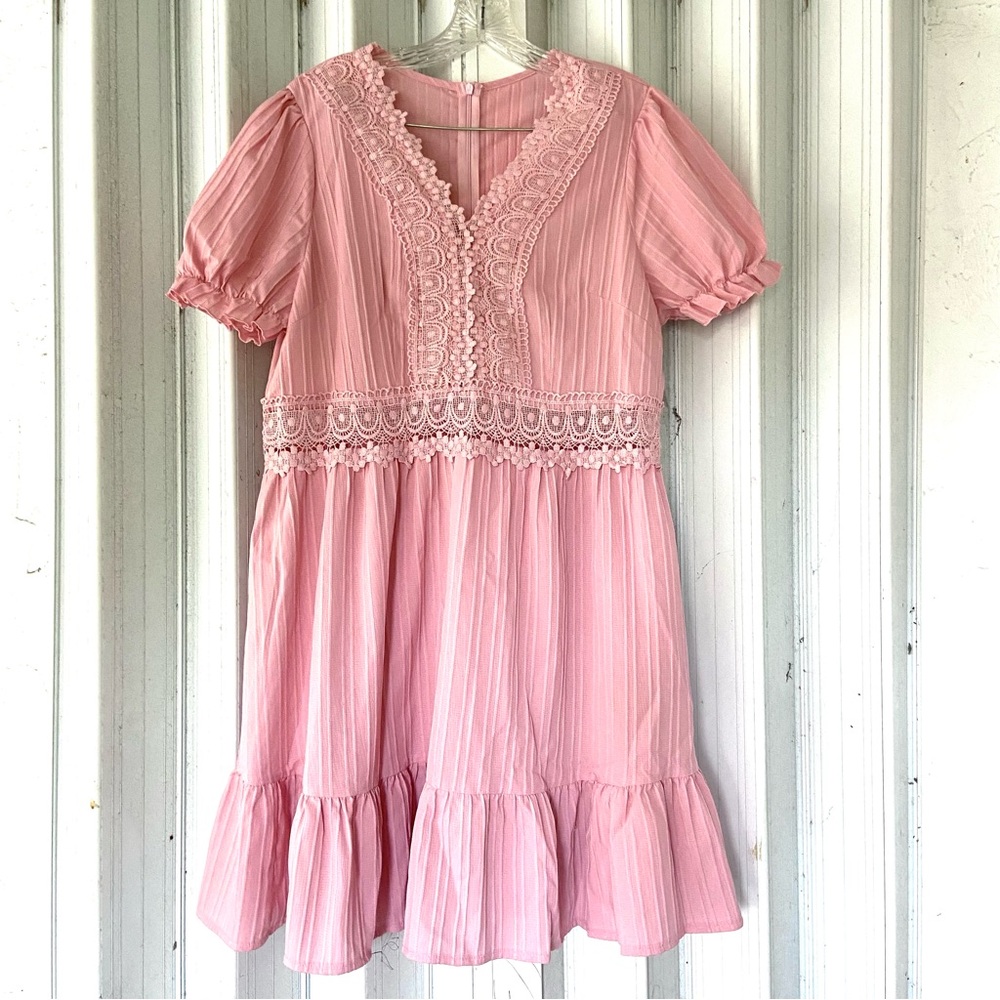 Shein Pink pleated Lace V Neck Puff Sleeve Knee Length Dress!